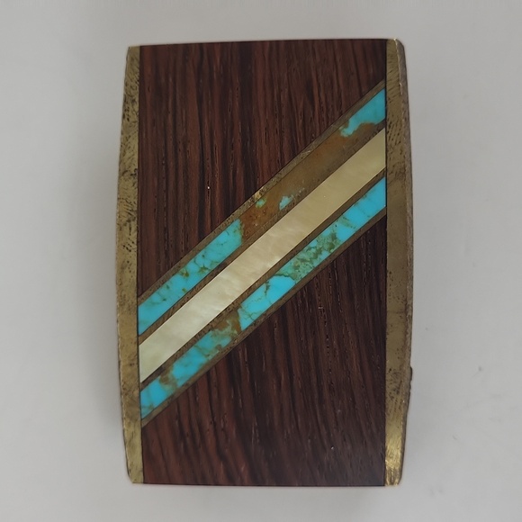 Vintage Belt Buckle SST Wood Turquoise Inlay Brass Modernist Geometric Cowgirl - Picture 1 of 8